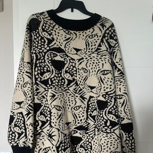 Farm Rio Animal Print Sweater in Black and Cream XL